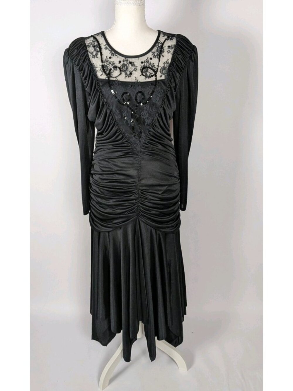 Vtg Filigree Ruched Lace Sequin Maxi Dress Women's 14 Black Goth Vampy 80s Witch
